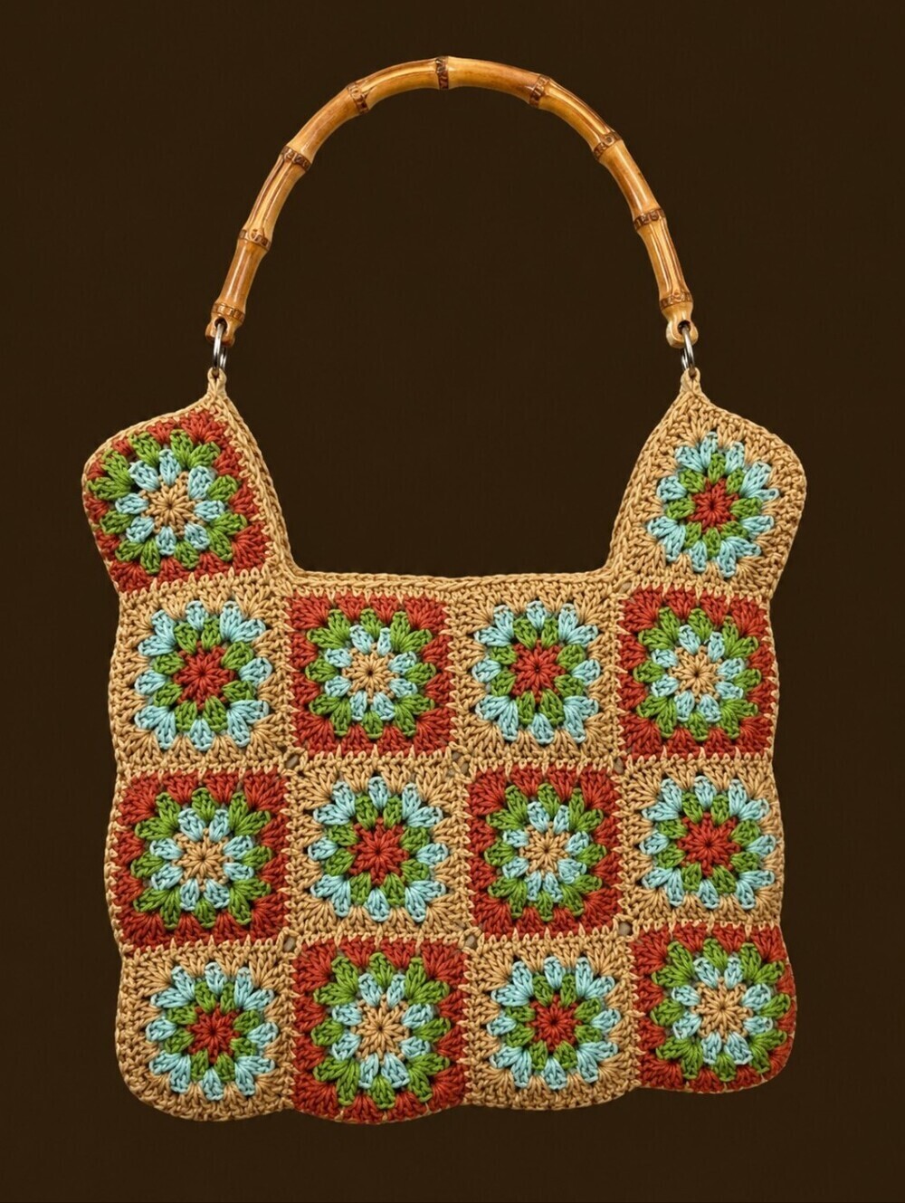 VTG Madison STUDIO Cornhusk Granny Crochet Bamboo Handle Beach Festival Bag
